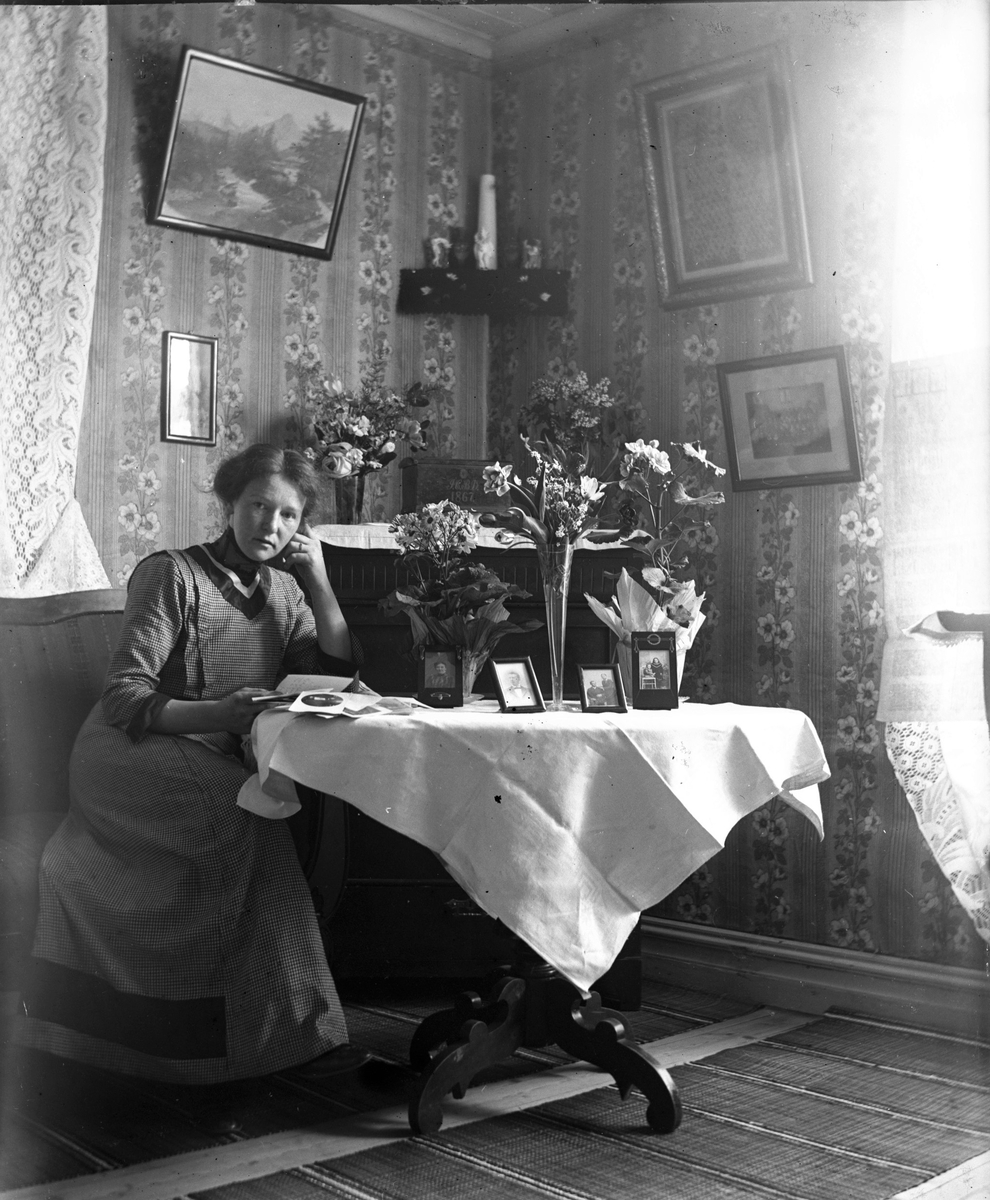En ung kvinna i smårutig klänning sitter vid ett pelarbord i salongen. Förmodligen är det Alma Börjesson (gift Andersson, se bildnr GEB119). Hon förefaller ha en bemärkelsedag eftersom hon håller på att läsa igenom en hög med post framför sig och såväl bord som skänk smyckas av blombuketter och krukväxter, prydda med kräppat papper.