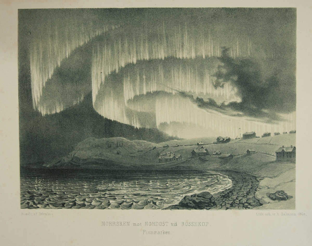 Grafiskt tryck. "Norrsken mot Nordost vid Bossekop. Finnmarken." Ritad av Louis Victor Bévalet. Anteckning: 1860. L.A. 861