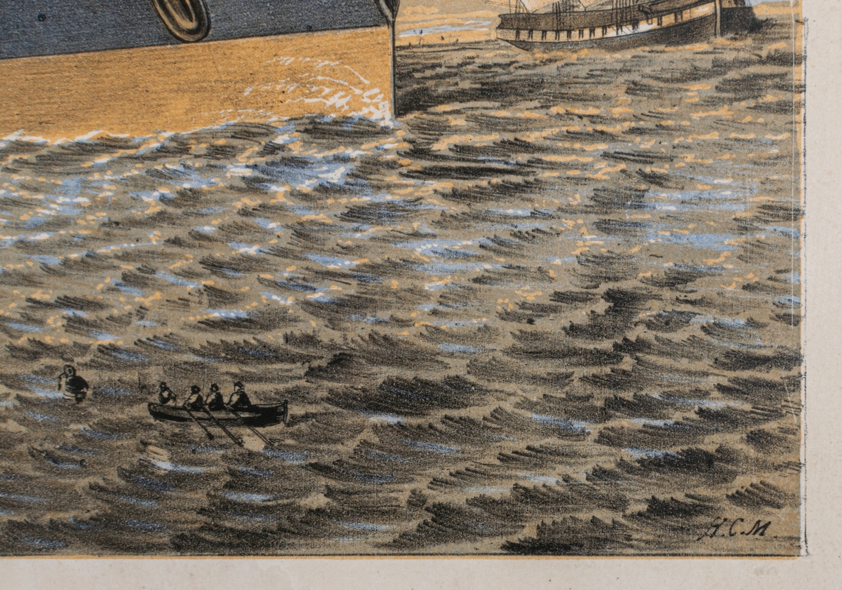 Tavla med ram under glas. Tryck på papper. Motiv: ångfartyget "Leviathan" till havs, (vid sjösättningen 1858 hette fartyget "Great Eastern"). Styrbord mot betraktaren. Sex bruna master utan segel. Fem svarta skorstenar, skrov mörkblått och orange. Skovelhjul på styrbords sida, grå. "Leviathan" var 1800-talets största fartyg. I förgrunden svart-gult-blått hav med bemannade roddbåtar och segelbåtar. I bakgrunden till höger ett större segelfartyg. Himlen blå. Tavlan signerad längst ned till höger "H.C.M". Under bild text: McGuire Del & Litho. Längst ned blå text med utförlig beskrivning av fartygets dimensioner och övriga prestanda. Etikett på baksidan med förvärvsuppgifter. Förgylld träram med pastellage, profilerad utan ornament.