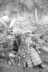 Portrett, kvinne med blokkfløyte sitter ute ved en trerot, h