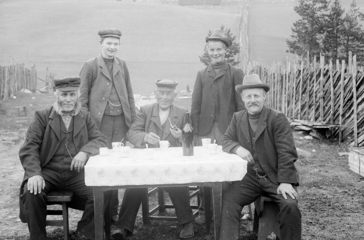 Kort :02.06.1909. Sel, Heidal. Ordfører Nilsens gruppe. Gruppebilde, fem menn rundt et bord, drikkevarer.