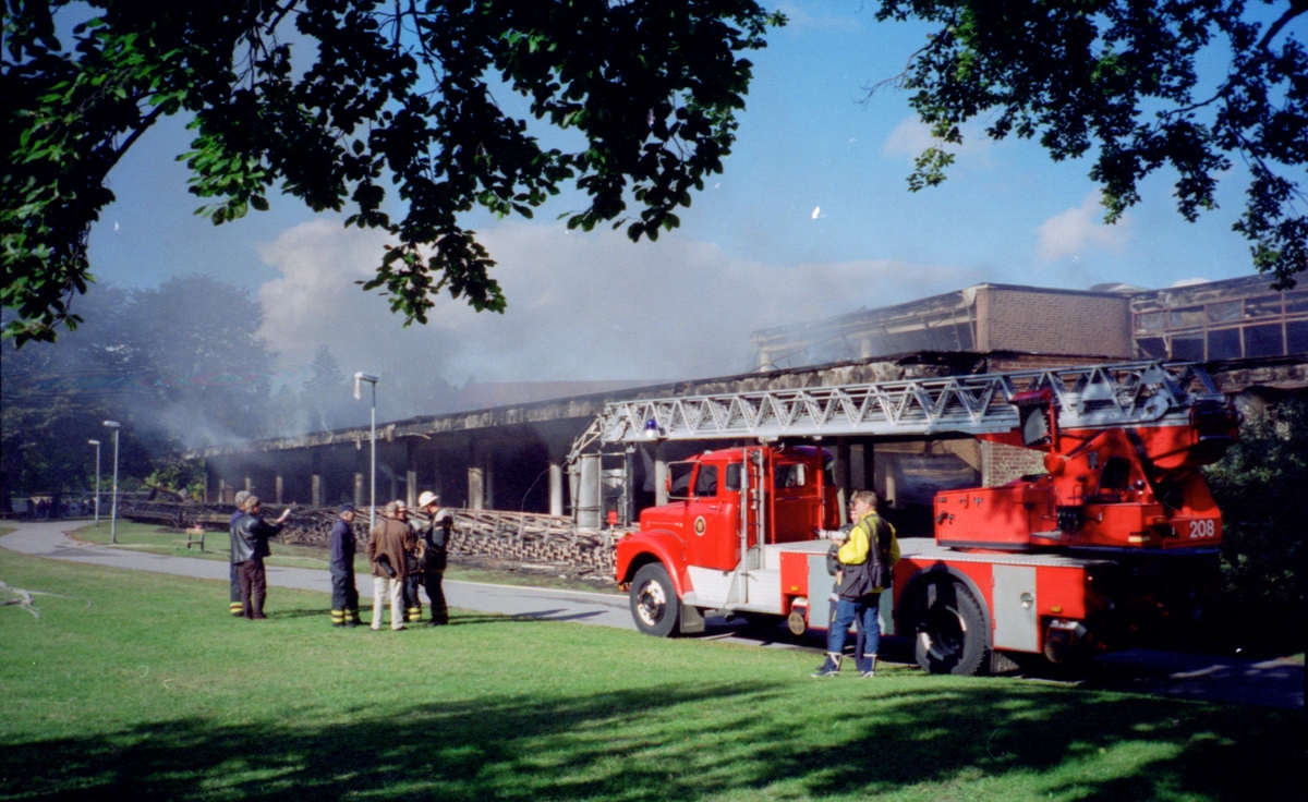 Branden av stadsbiblioteket i september 1996.
Stadsbiblioteket: Efter en arkitekttävling 1966 ritades och inreddes biblioteket av arkitekterna Bo Cederlöf och Carl-Ewert Ekström. Byggnaden öppnades för allmänheten 1973-11-03, men invigningen skedde först 1974-06-06. Natten mellan 20-21 september 1996 utbröt en brand och huvuddelen av biblioteket förstördes.