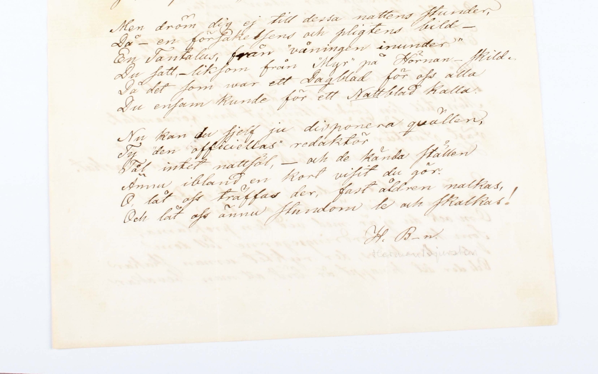 Pappersark, med handskrivna verser på båda sidor. Skrivet av Herman Bjursten till Herman Boström, den 30 mars 1866.