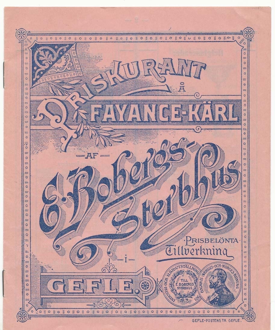 Priskurant, produktkatalog över 1910-talets produktion av keramik vid Bobergs Fajansfabrik.