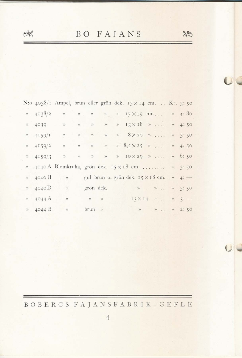 Produktkatalog från Bo Fajans 1930. Handdekorerade fajanser komponerade av Eva Jancke Björk, Allan Ebeling och Maggie Wibom.