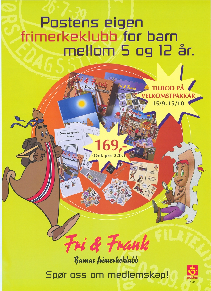 Reklameplakat på grønn bunnfarge. Tosidig med tekst på bokmål og nynorsk.