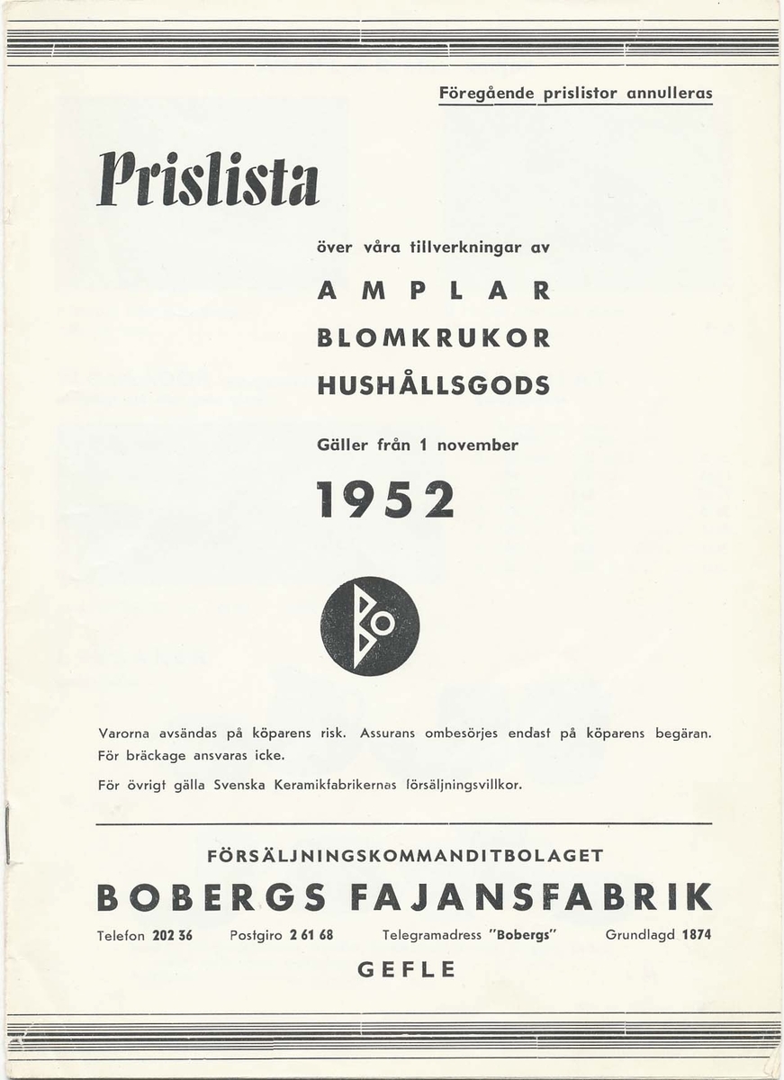 Prislista från Bo Fajans 1952, över amplar, blomkrukor och hushållsgods.