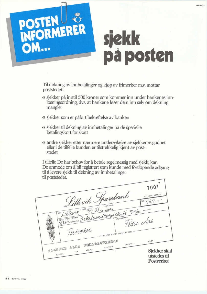 Tosidig plakat med hvit bunnfarge, motiv av sjekk og tekst. Med tekst på bokmål og nynorsk.