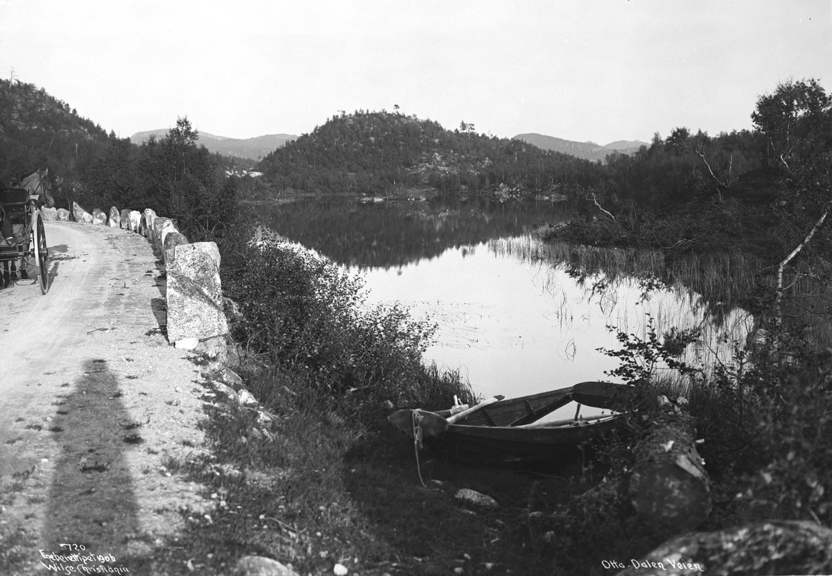 På vei med hest og vogn i Oddadalen. Fotografert i mars 1906.