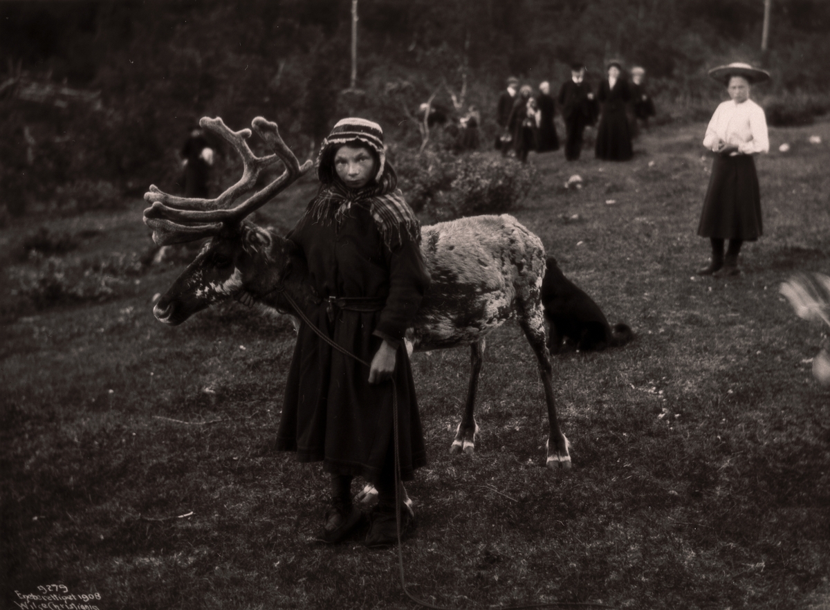 Finnmarksvidda, ung kvinne kledd i tradisjonell drakt, gjeter reinflokken.  Ung kvinne i hatt er tilskuer tillegg til flere turister i bakgrunnen.
