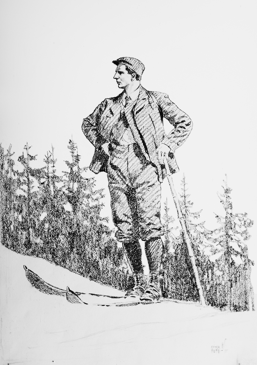 Fotografi av tegning av Hr. Baarset på ski. Fotografert 1911.