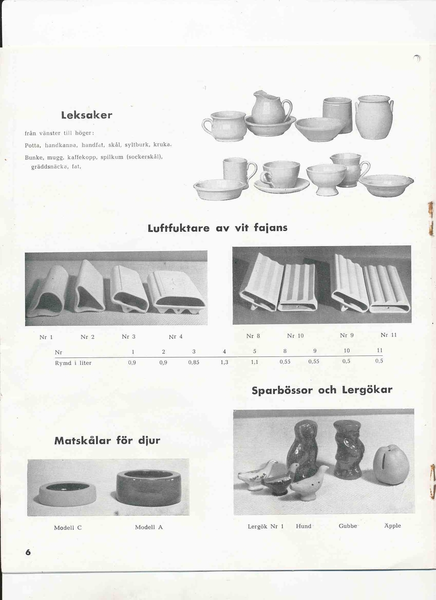 Produktkatalog från Bo Fajans 1946 över hushållskärl, blomkrukor, amplar och vit hushållsfajans.