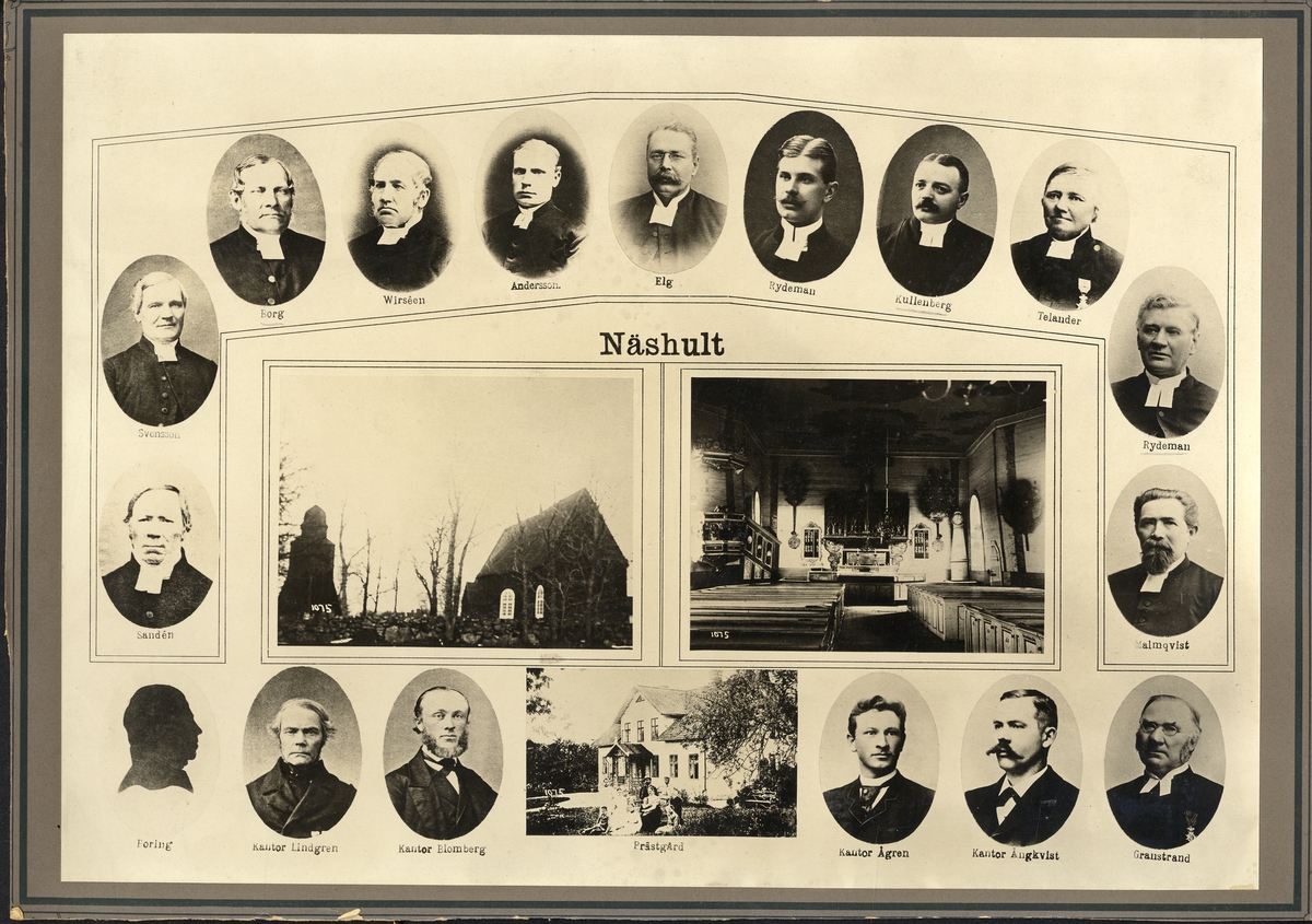 Ett "collage-foto" från Näshult. En rad med foton föreställande kyrkoherdar och kantorer omger tre foton av Näshults kyrka,
exteriör och interiör, och prästgården.
