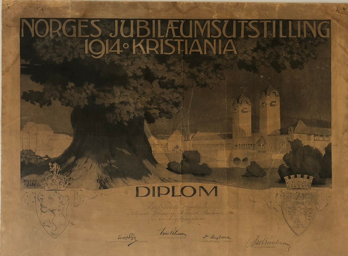 Diplom  Norges Jubilæumsutstilling 1914 Kristiania Hædrende omtale er tilkjendt Johanne Nylænd, Rauland for knipling og  nyttevæv.