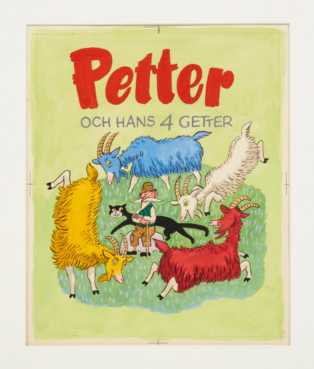 Omslag till barnboken Petter och hans fyra getter (egentligen Petter och hans 4 getter) från 1951 som Einar Norelius både illustrerade och skrev. Det är en klassisk barnsaga på rim som man lätt lär sig utantill. 

I sin stuga bodde Petter med en katt och fyra getter. Hela dagen måste Petter valla sina fyra getter. Mitt i skogen i en sten bodde trollet Ludenben. Ludenben var alltid arg - alltid hungrig som en varg. Petters getter åt han upp, fastän Petter ropa "Stopp". Då var katten Murre Svart tvungen att gripa in. 

I decennier har boken kommit ut i nya utgåvor, sedan 2007 av En bok för alla.