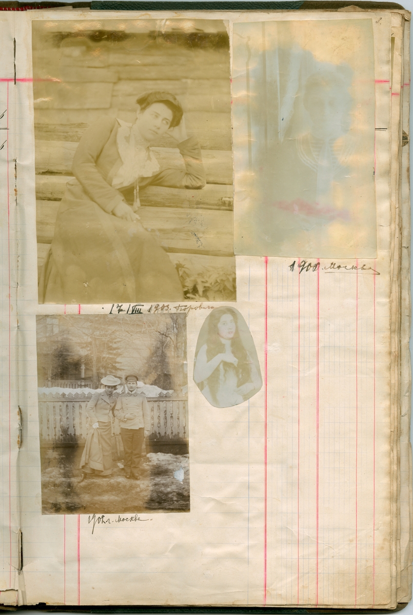 Side åtte i Florentine Rostins fotoalbum (eldre søster av Victoria Bachke), trolig påbegynt i 1903. Bildene er limt inn i en regnskapsbok,