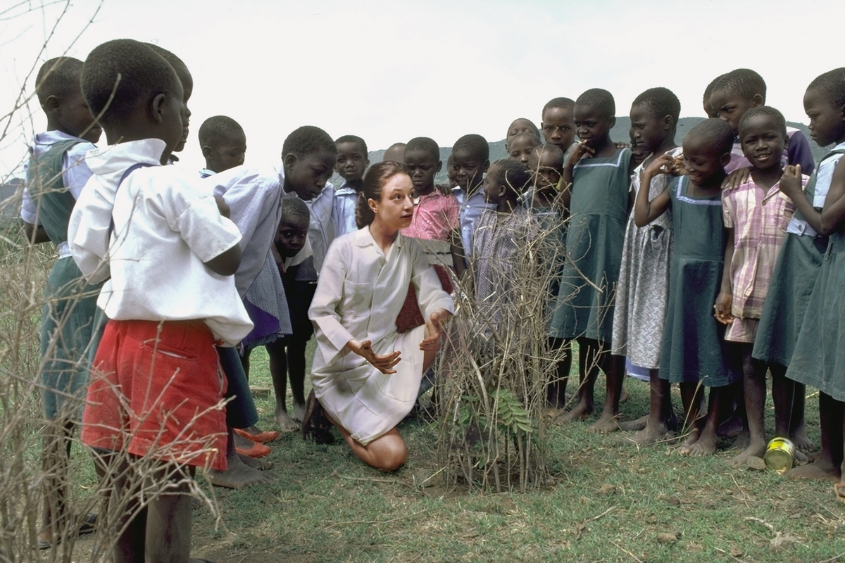 Kunstneren, kledd som hvitkledd sykepleier, har manipulert seg selv inn i et fotografi av en gruppe afrikanske barn, som ser ut til å studere vegetasjon. Del av serie som består av digitale fotomontasjer hvor kunstneren plasserer seg selv i ulike roller som bistandsarbeider i Afrika og Asia.