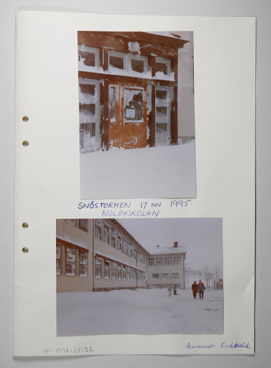 Snöstormen 16 - 17 november 1995.

En samling berättelser skrivna av elever i årskurs 4, Nolbyskolan Alingsås.

Ett omslag med två fotografier med 39 lösa A4-blad. 
Totalt 31 berättelser, från en halv sida till sju sidor.

Läraren Annemor Kirkbakk sammanställde och lämnade till Alingsås museum.