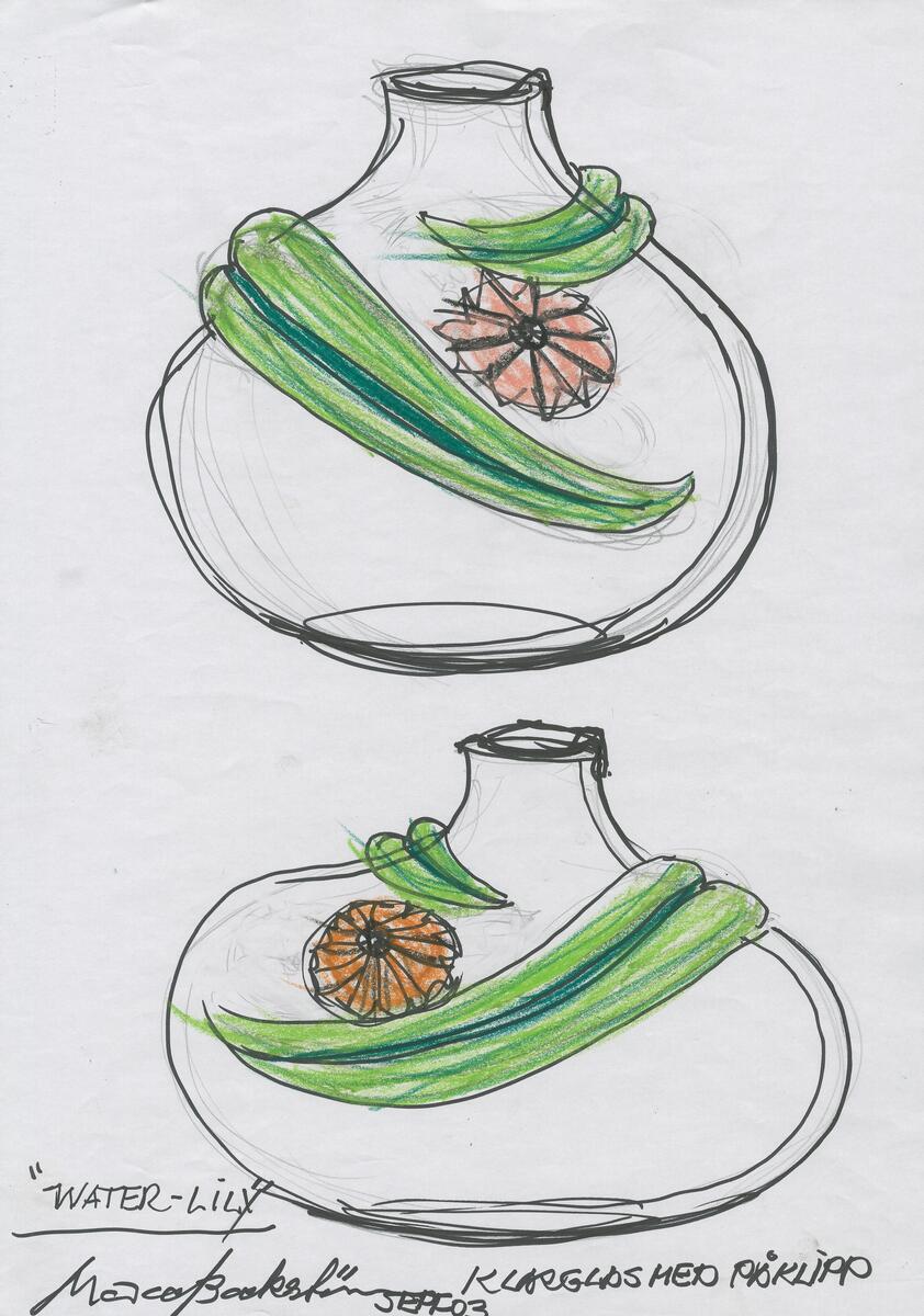 Skisser till en serie, i vilken ingår olika typer av vaser och skålar samt en pokal, med påklipp i form av breda slingor och blommor. Noteringar.