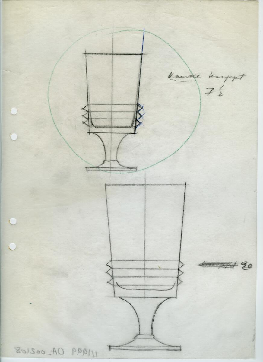 Materialet innehåller skisser till glasföremål som servisglas, vaser, kannor m.m.