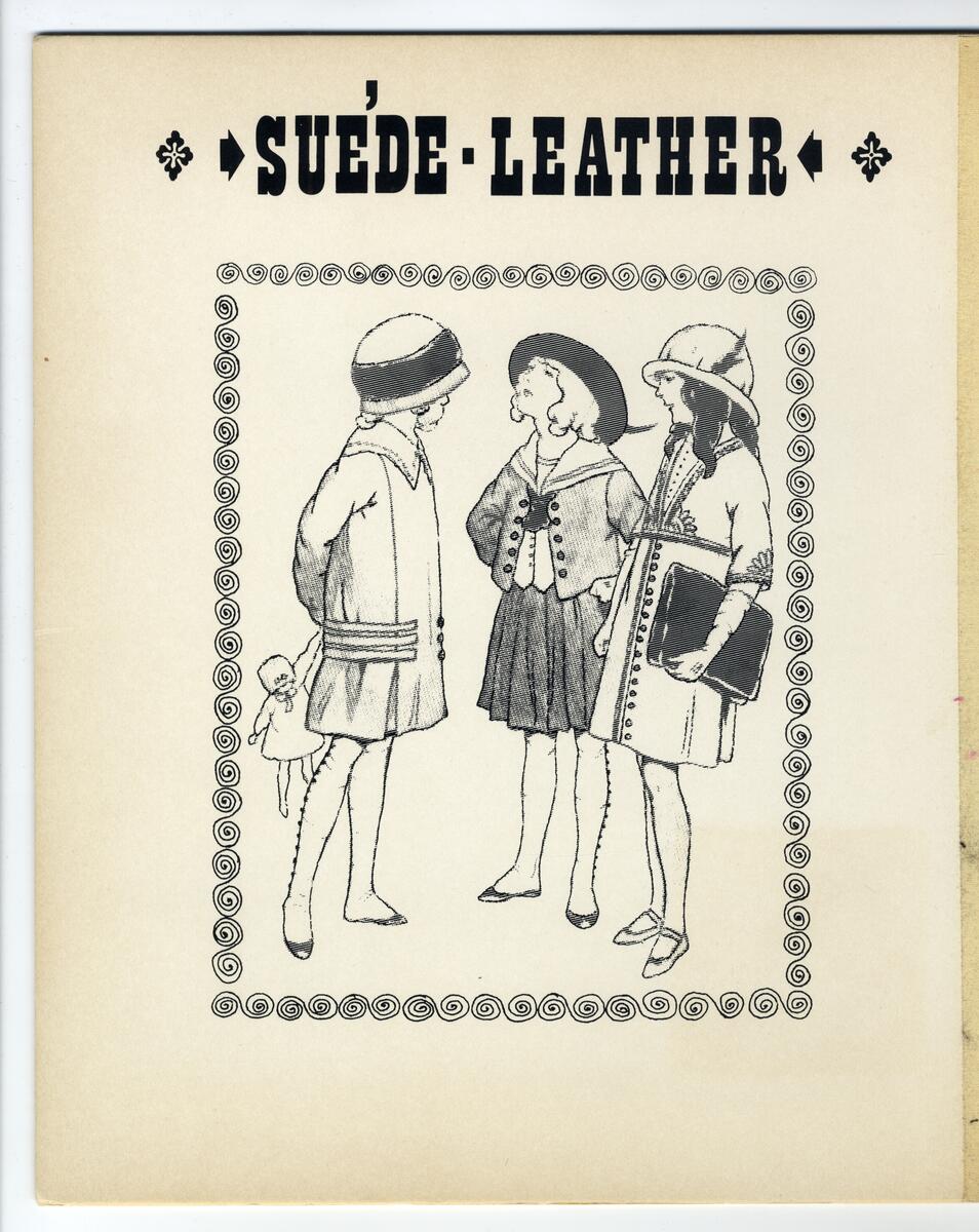Tygprover till barn- och damkläder av terylene och bomull av olika formgivare. Med illustrationer av barn och kvinnor i 1800-talsstil.