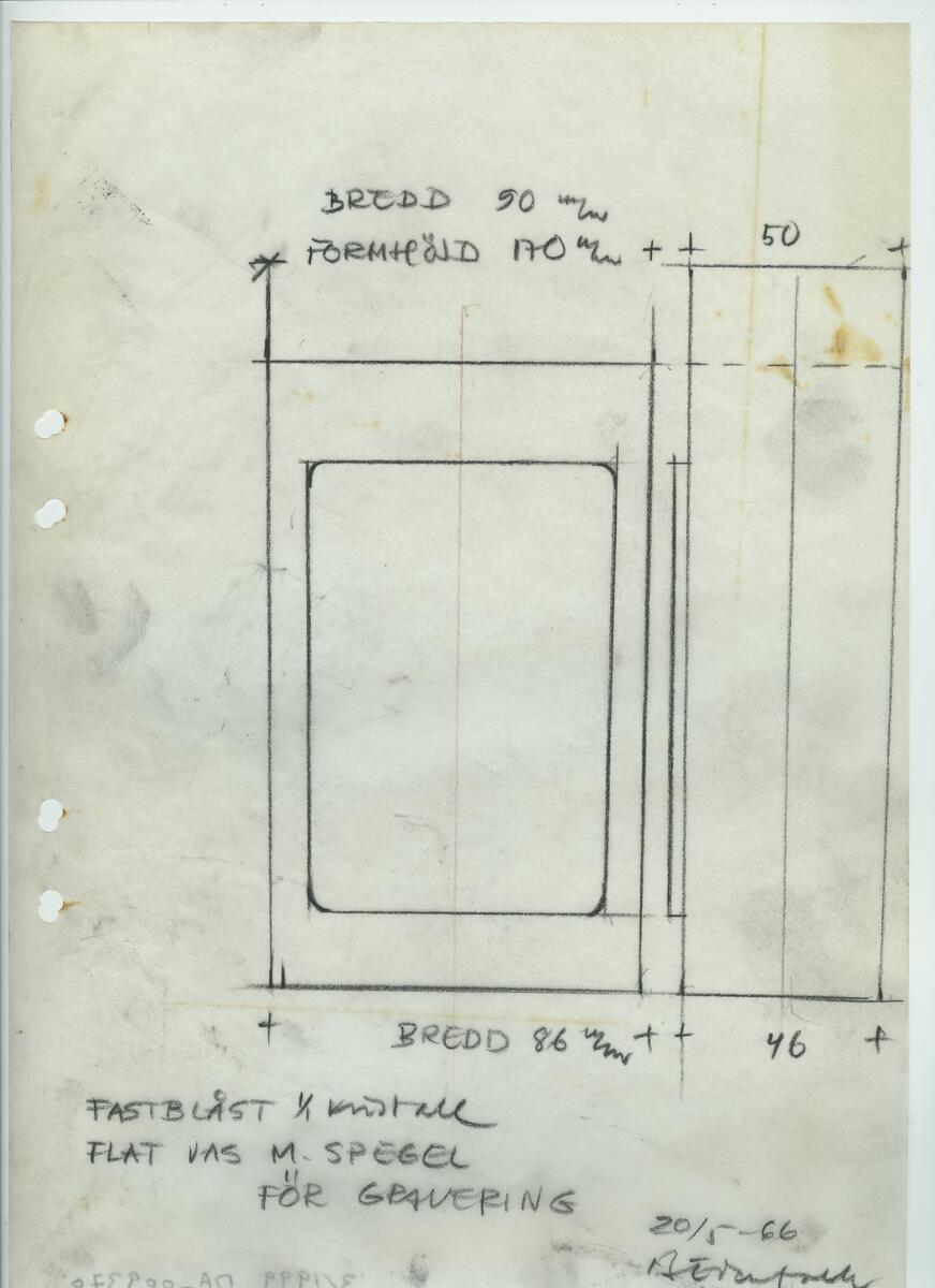 Materialet innehåller skisser till glasserviser, ishink, vaser m.m. 50 skisser daterade 1965. 37 skisser daterade 1966. 83 skisser daterade 1967.