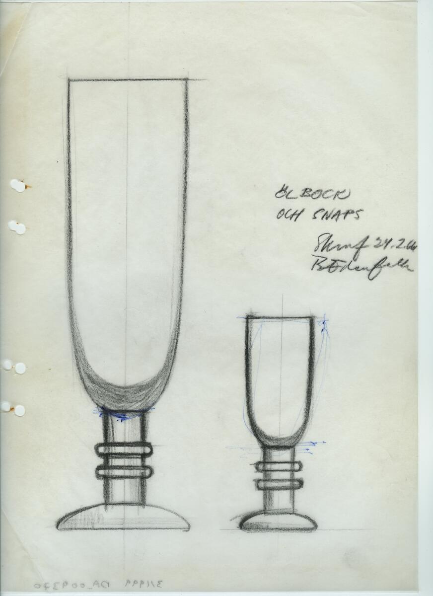 Materialet innehåller skisser till glasserviser, ishink, vaser m.m. 50 skisser daterade 1965. 37 skisser daterade 1966. 83 skisser daterade 1967.