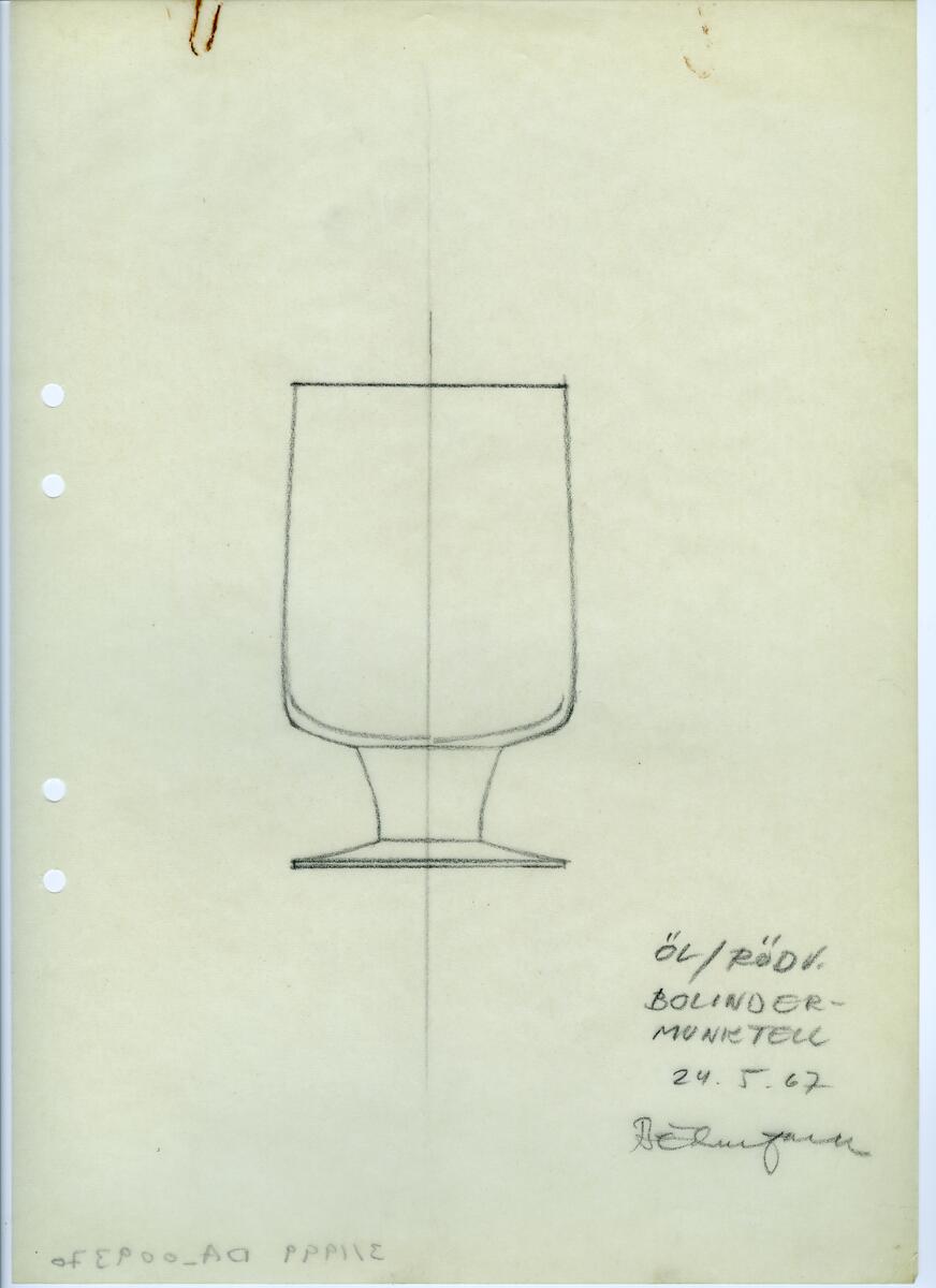 Materialet innehåller skisser till glasserviser, ishink, vaser m.m. 50 skisser daterade 1965. 37 skisser daterade 1966. 83 skisser daterade 1967.