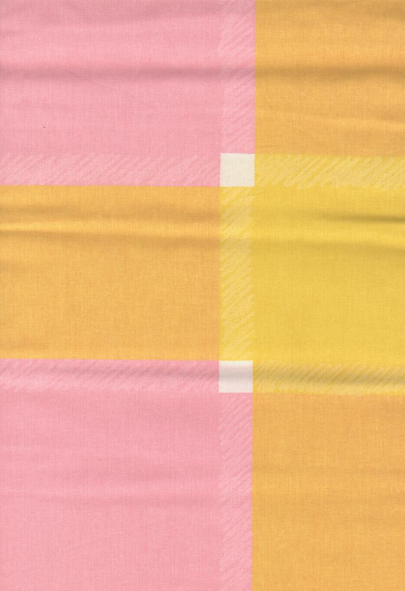 Provbitar: Stora rutor i ljusblått-gult-ljusgrönt, beige-lila, gult-rosa, och turkos-blått.