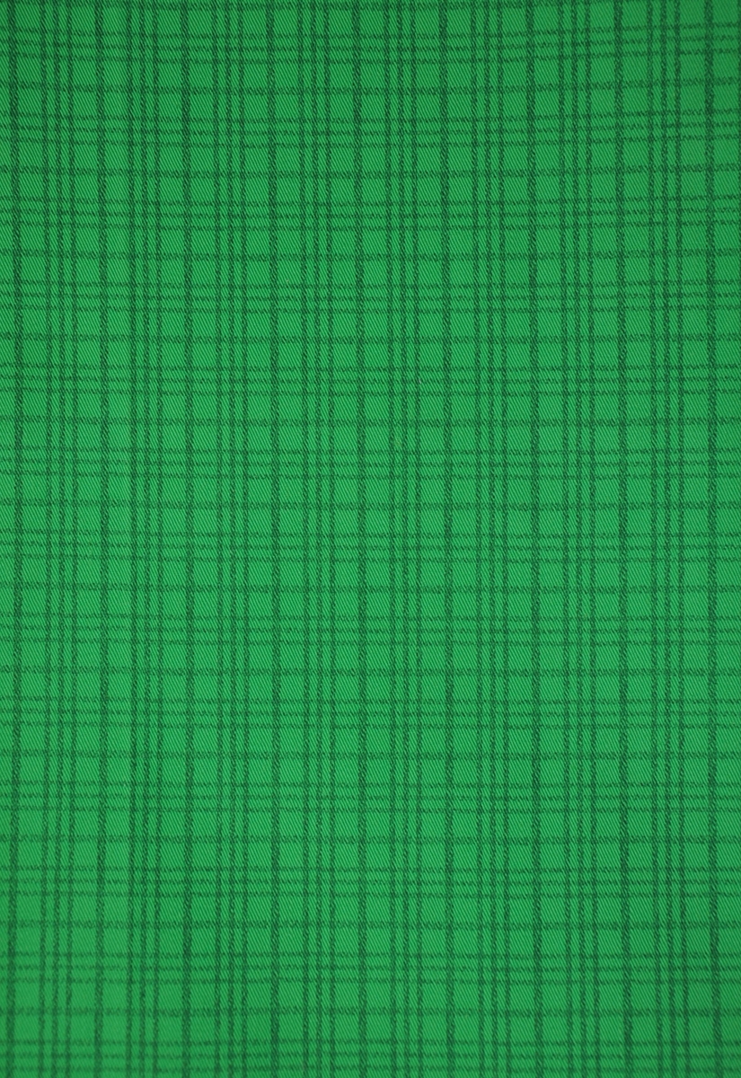 Bomullstyg, 1960-tal.
Vindtyg på 80 cm bredd. Rutigt tryck i svart på grön styckfärgad vara.
Trycket är rastrerat.
Rapport 2,7 x 2,8 cm.
Färger: 1.
4-skafts kypert.