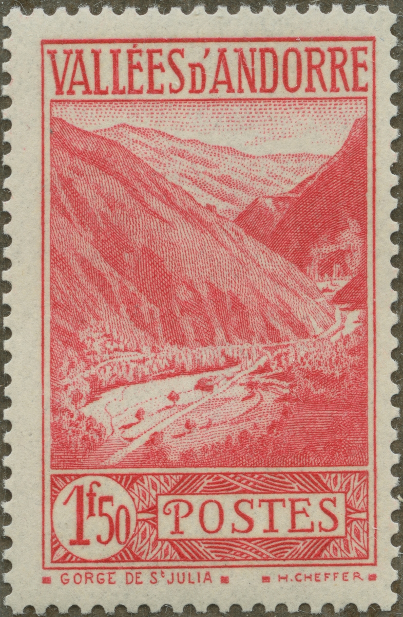 Frimärke ur Gösta Bodmans filatelistiska motivsamling, påbörjad 1950. Frimärke från Franska Andorra, 1937. Med motiv av S:ta Julia Klyftan