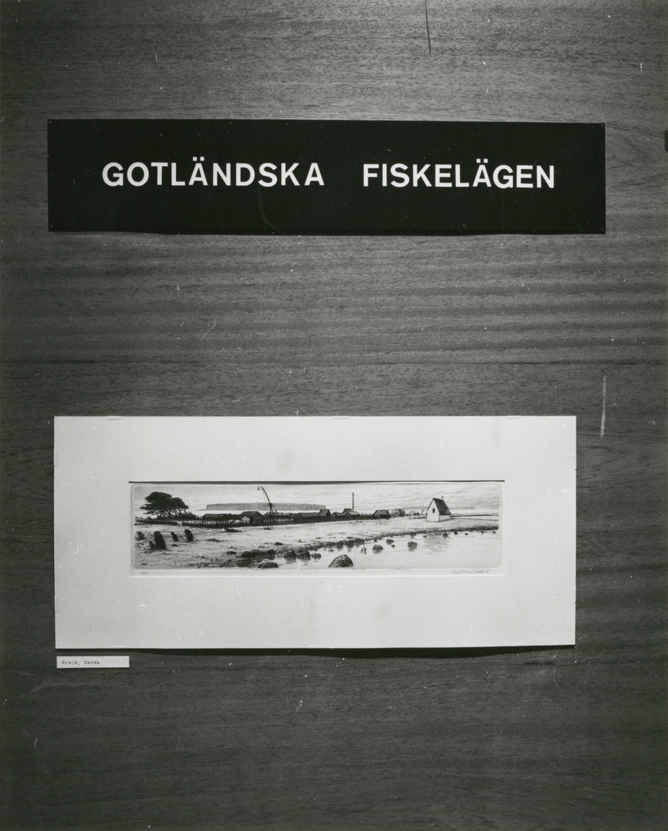 Gotlandsfiskaren och hans tre männing, konstnären Erik Olsson Sanda berättar. Konstverk föreställande Gotländska fiskeläge Kovik, Sanda.