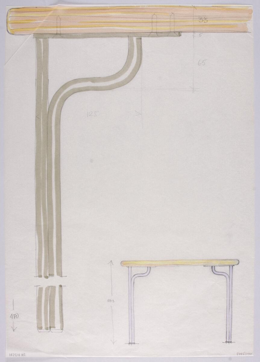 Skisser i skala 1:1 och 1:5 till ett rektangulärt soffbord i massivträ med ben av stålrör, samt idéskisser till benens utformning. Noteringar. Måttangivelser.