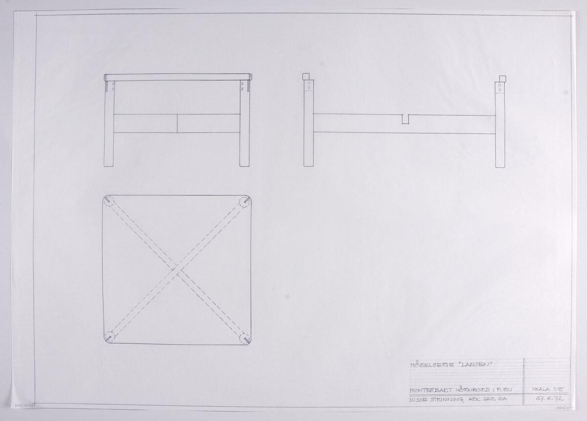 Skisser i skala 1:5 till en monterbar möbelserie i furu, i vilken ingår ett hyllsystem, soff- och hörnbord, två- och tresitssoffor, fåtöljer samt en tv-bänk. Möblerna visas ur olika perspektiv. Även detaljritningar. Noteringar. Måttangivelser.