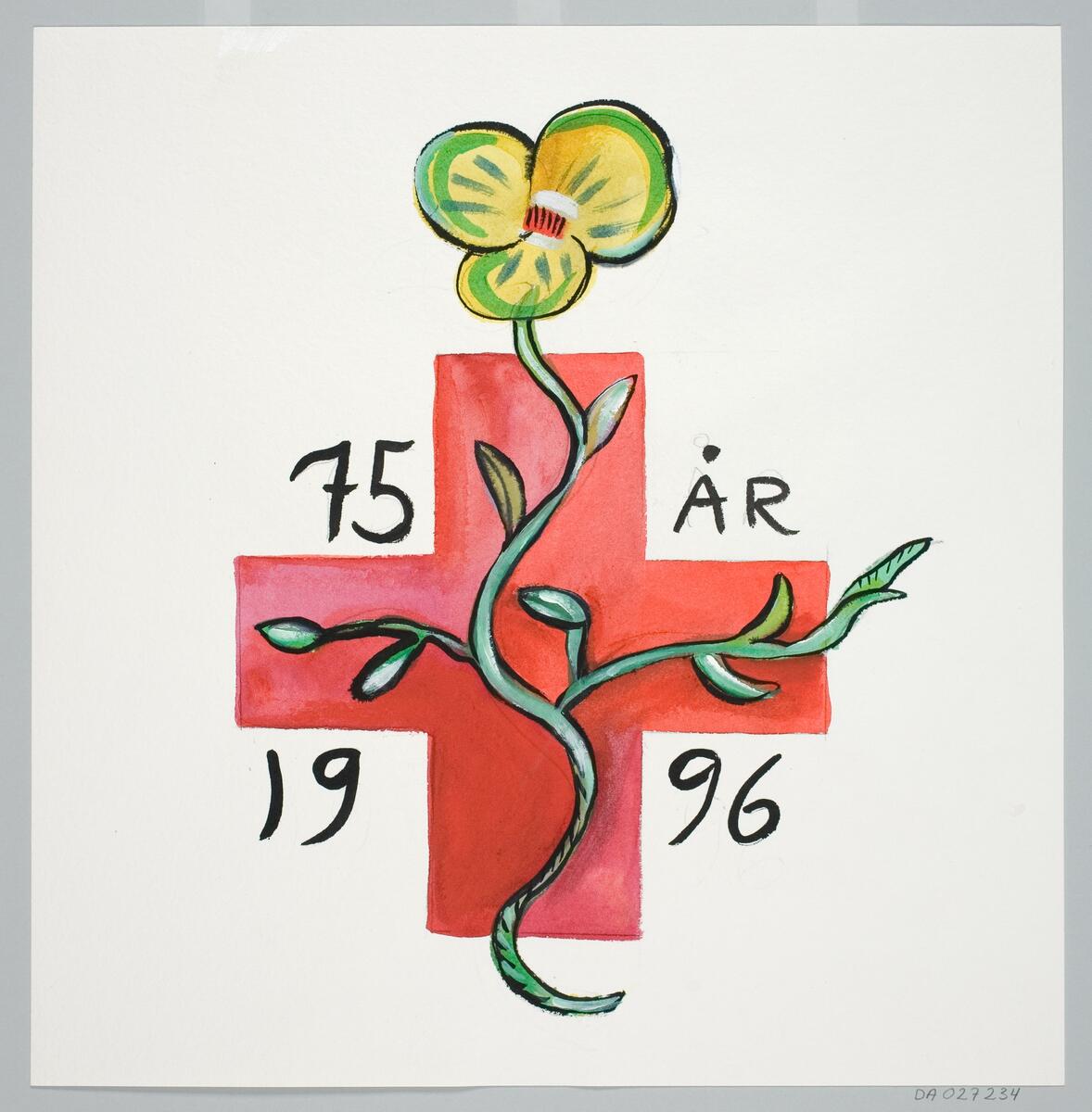 Förslag till affisch för Röda korset, Kronobergs distriktets 75 års dag 1996. Motiv med ett rött kors med en slingrande växt på.