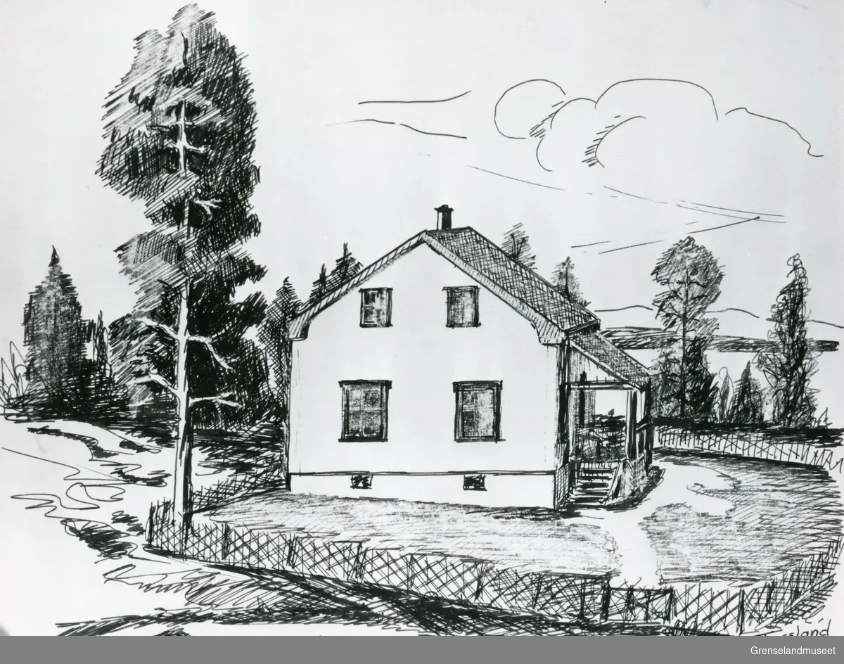 Tegning av Tollstasjon "Skogly" i Vaggatem nederst i Pasvik i Finnmark. Produsert av Torolf Fossland - Toller og billedkunstner. 
