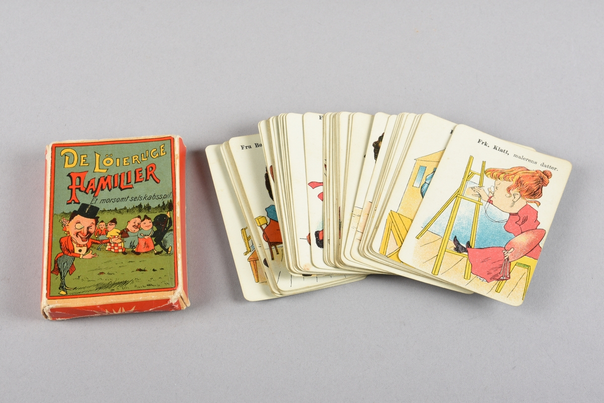 Kortspel i eske. Spelet inneheld 48 kort, 12 familiar med fire kort for kvar familie. Alle korta er illustrert med fargelagde teikningar.