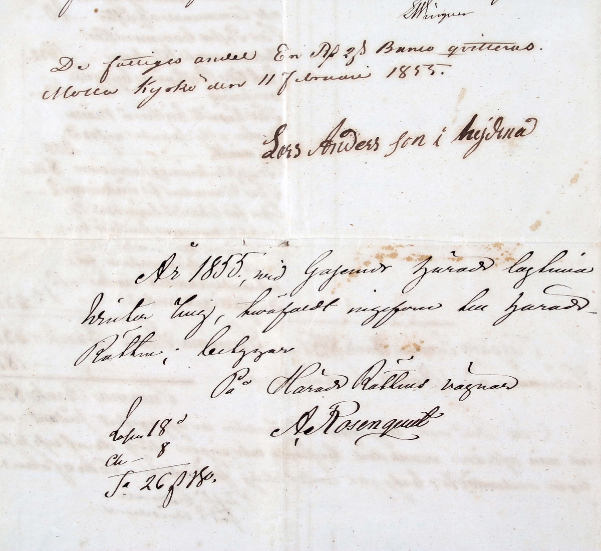 Handskriven bouppteckning från 28/12 1854, uti Molla kyrka, efter sergeanten C. G. Cedervall, Molla socken, Gäsene härad. 2 stora, vikta och trådbundna pappersark med handskriven text.