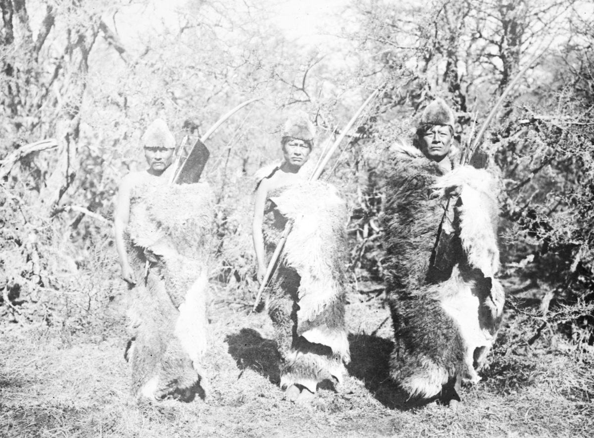 Fotografi från Eldslandet. Motiv av tre män med pilbågar i djungel.
