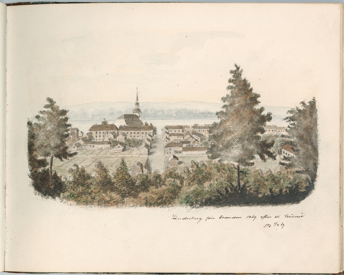 Akvarell: Lindesborg före branden 1869 efter ett träsnitt 1/8 1869.

Ur ett halvfranskt band med blyertsteckningar och akvareller.