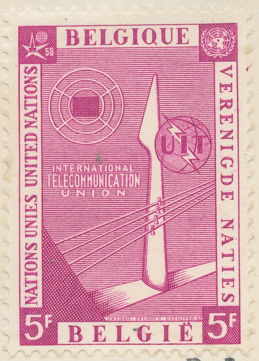 Frimärke ur Gösta Bodmans filatelistiska motivsamling, påbörjad 1950. Frimärke från Belgien, 1958. Motiv av Världs Tele Kommunikationer "-Bryssel Utställningen 1958- FN-Serie."