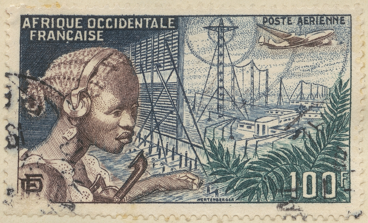Frimärke ur Gösta Bodmans filatelistiska motivsamling, påbörjad 1950. Frimärke från Franska Väst Afrika, 1954. Motiv av telefonist