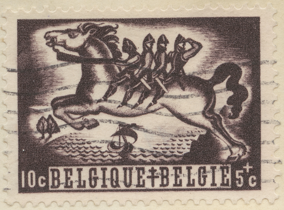 Frimärke ur Gösta Bodmans filatelistiska motivsamling, påbörjad 1950. Frimärke från Belgien, 1944. Motiv av Hästen "Bayard" med de fyra Aymon söner. "-TBC-Frimärke-"