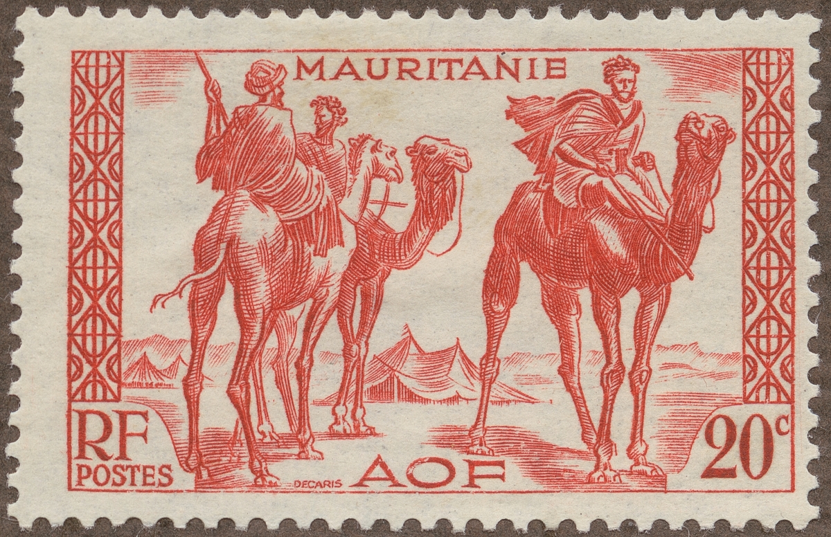 Frimärke ur Gösta Bodmans filatelistiska motivsamling, påbörjad 1950. Frimärke från Mauretanien, 1938. Motiv av Kamelryttare i Mauretanien Franska Västafrika