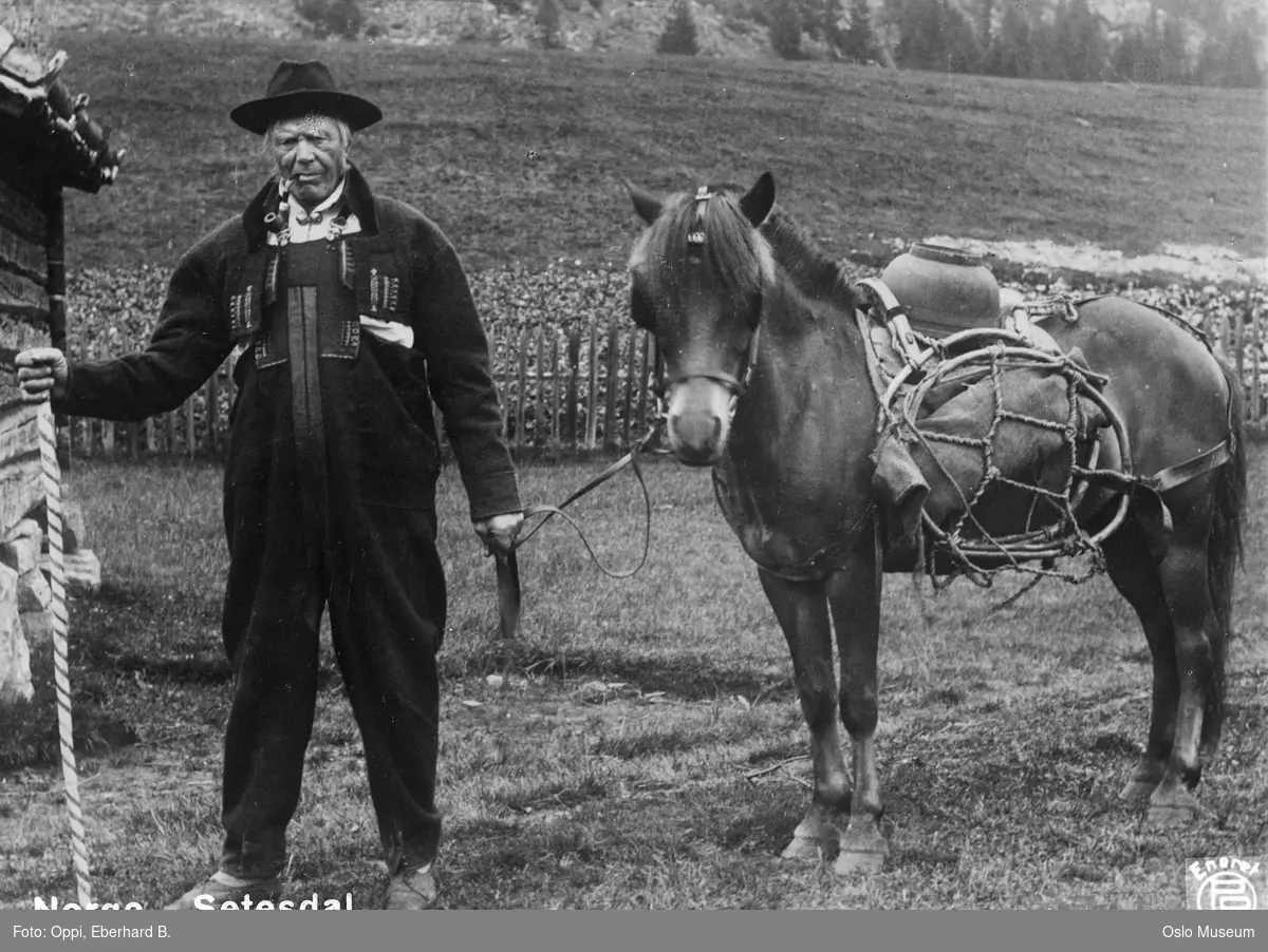 mann, setesdalsbunad, pipe, hest