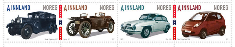 Bildet viser fire frimerker med motiv av fire norske biler.