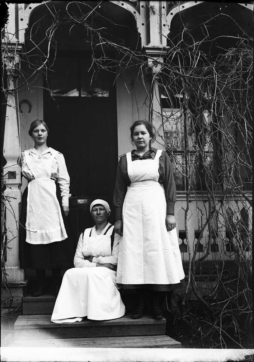 Tre kvinnor på trappan till Forsmarks prästgård, Uppland