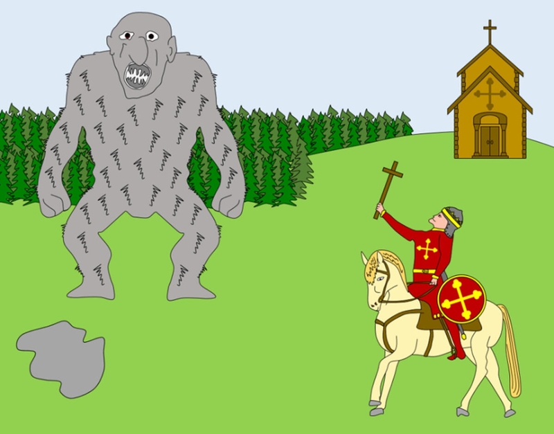 Olav den helliges kirkebyggende troll. Illustrasjon av Oskar Aanmoen