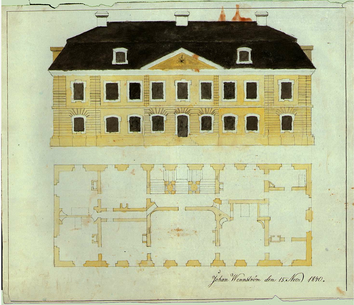 Fasad- och planritning för bostadshus signerad Johan Wennström 15 november 1840.