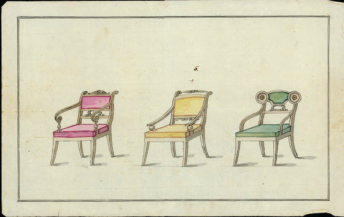 Ritning av tre stolar, olika möbelstilar. Målande i rött, gult och grönt.